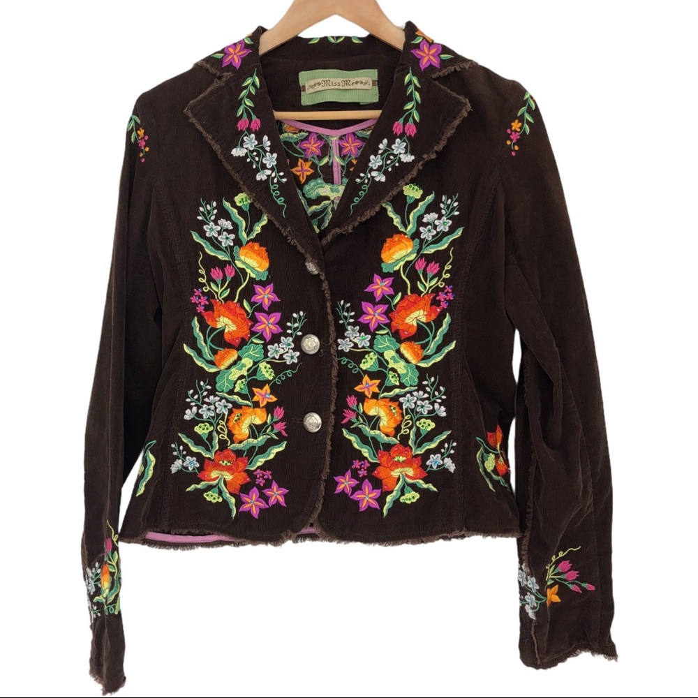 Miss Me embroidered floral brown corduroy fitted jacket